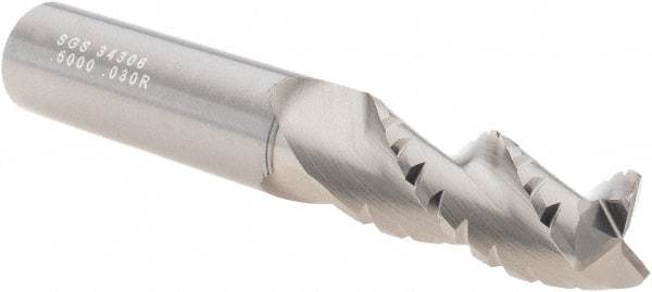 SGS - 1/2" Diam, 1-1/4" LOC, 3 Flute Solid Carbide 0.03" Corner Radius Roughing End Mill - TiB2 Finish, 3-1/4" OAL, 1/2" Shank Diam, Single End, Centercutting, 38° Helix - Exact Tool & Supply