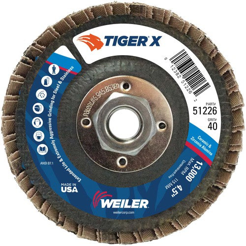 4 1/2″ Diameter - Tiger X Flap Disc, Flat, Phenolic Backing, 40Z, 5/8″-11 Diameter - Arbor Hole - Exact Tool & Supply