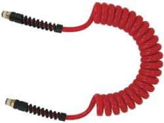 PRO-SOURCE - 5/16" ID, 1/4 Thread, 10' Long, Red Polyurethane Coiled & Self Storing Hose - 185 Max psi, Male Swivel x Male Swivel - Exact Tool & Supply