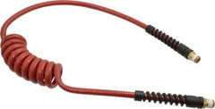 PRO-SOURCE - 1/4" ID, 1/4 Thread, 5' Long, Red Polyurethane Coiled & Self Storing Hose - 220 Max psi, Male Swivel x Male Swivel - Exact Tool & Supply