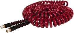 PRO-SOURCE - 1/4" ID, 1/4 Thread, 25' Long, Red Polyurethane Coiled & Self Storing Hose - 220 Max psi, Male Swivel x Male Swivel - Exact Tool & Supply