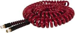 PRO-SOURCE - 1/4" ID, 1/4 Thread, 25' Long, Red Polyurethane Coiled & Self Storing Hose - 220 Max psi, Male Swivel x Male Swivel - Exact Tool & Supply