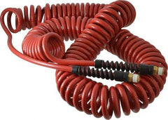 PRO-SOURCE - 1/4" ID, 1/4 Thread, 50' Long, Red Polyurethane Coiled & Self Storing Hose - 220 Max psi, Male Swivel x Male Swivel - Exact Tool & Supply