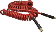 PRO-SOURCE - 5/16" ID, 3/8 Thread, 25' Long, Red Polyurethane Coiled & Self Storing Hose - 185 Max psi, Male Swivel x Male Swivel - Exact Tool & Supply