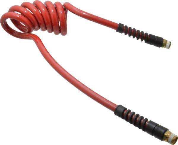 PRO-SOURCE - 3/8" ID, 3/8 Thread, 5' Long, Red Polyurethane Coiled & Self Storing Hose - 200 Max psi, Male Swivel x Male Swivel - Exact Tool & Supply