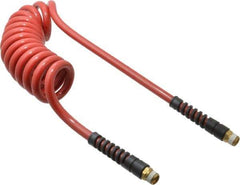 PRO-SOURCE - 3/8" ID, 3/8 Thread, 10' Long, Red Polyurethane Coiled & Self Storing Hose - 200 Max psi, Male Swivel x Male Swivel - Exact Tool & Supply