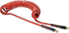 PRO-SOURCE - 3/8" ID, 3/8 Thread, 15' Long, Red Polyurethane Coiled & Self Storing Hose - 200 Max psi, Male Swivel x Male Swivel - Exact Tool & Supply
