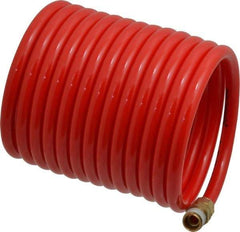PRO-SOURCE - 1/4" ID, 1/4 Thread, 12' Long, Red Nylon Coiled & Self Storing Hose - 350 Max psi, Male Swivel x Male Swivel - Exact Tool & Supply