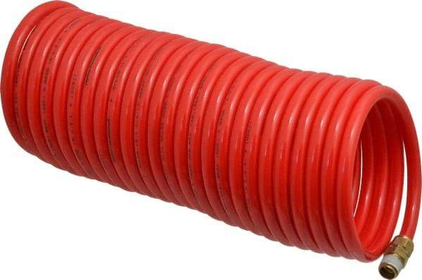 PRO-SOURCE - 1/4" ID, 1/4 Thread, 25' Long, Red Nylon Coiled & Self Storing Hose - 350 Max psi, Male Swivel x Male Swivel - Exact Tool & Supply