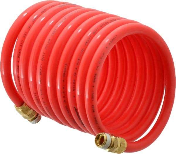 PRO-SOURCE - 3/8" ID, 3/8 Thread, 12' Long, Red Nylon Coiled & Self Storing Hose - 310 Max psi, Male Swivel x Male Swivel - Exact Tool & Supply
