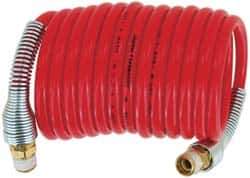 PRO-SOURCE - 3/8" ID, 3/8 Thread, 50' Long, Red Nylon Coiled & Self Storing Hose - 225 Max psi, Industrial Interchange Coupler x Plug - Exact Tool & Supply