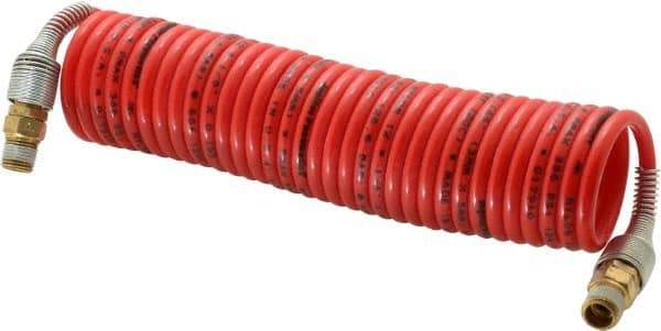 PRO-SOURCE - 1/8" ID, 1/8 Thread, 12' Long, Red Nylon Coiled & Self Storing Hose - 386 Max psi, Male Swivel x Male Swivel - Exact Tool & Supply