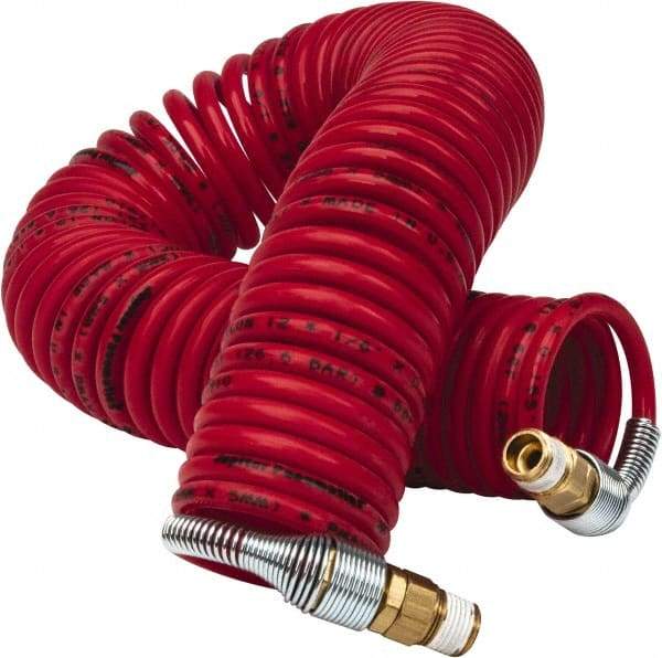 PRO-SOURCE - 1/8" ID, 1/8 Thread, 25' Long, Red Nylon Coiled & Self Storing Hose - 386 Max psi, Male Swivel x Male Swivel - Exact Tool & Supply
