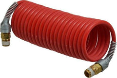PRO-SOURCE - 3/16" ID, 1/4 Thread, 12' Long, Red Nylon Coiled & Self Storing Hose - 287 Max psi, Male Swivel x Male Swivel - Exact Tool & Supply