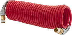 PRO-SOURCE - 3/16" ID, 1/4 Thread, 17' Long, Red Nylon Coiled & Self Storing Hose - 287 Max psi, Male Swivel x Male Swivel - Exact Tool & Supply