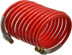 PRO-SOURCE - 5/16" ID, 1/4 Thread, 12' Long, Red Nylon Coiled & Self Storing Hose - 213 Max psi, Male Swivel x Male Swivel - Exact Tool & Supply