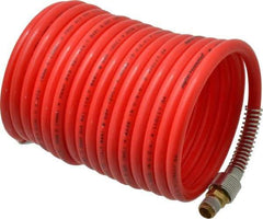 PRO-SOURCE - 5/16" ID, 1/4 Thread, 17' Long, Red Nylon Coiled & Self Storing Hose - 213 Max psi, Male Swivel x Male Swivel - Exact Tool & Supply