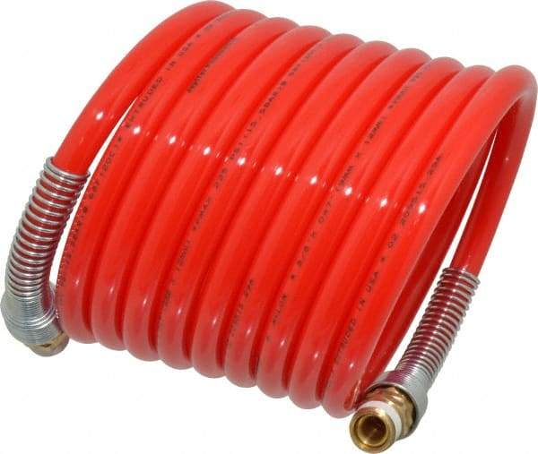 PRO-SOURCE - 3/8" ID, 3/8 Thread, 12' Long, Red Nylon Coiled & Self Storing Hose - 225 Max psi, Male Swivel x Male Swivel - Exact Tool & Supply