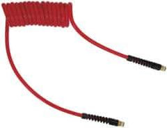 PRO-SOURCE - 1/4" ID, 1/4 Thread, 25' Long, Red Polyurethane Coiled & Self Storing Hose - 147 Max psi, Male Swivel x Male Swivel - Exact Tool & Supply