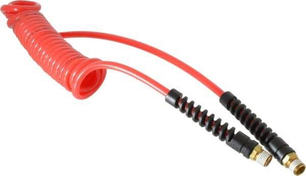 PRO-SOURCE - 3/16" ID, 1/4 Thread, 10' Long, Red Polyurethane Coiled & Self Storing Hose - 147 Max psi, Male Swivel x Male Swivel - Exact Tool & Supply