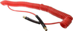 PRO-SOURCE - 3/16" ID, 1/4 Thread, 25' Long, Red Polyurethane Coiled & Self Storing Hose - 147 Max psi, Male Swivel x Male Swivel - Exact Tool & Supply