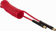 PRO-SOURCE - 1/4" ID, 1/4 Thread, 15' Long, Red Polyurethane Coiled & Self Storing Hose - 147 Max psi, Male Swivel x Male Swivel - Exact Tool & Supply