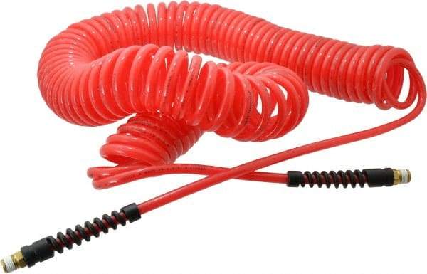 PRO-SOURCE - 1/4" ID, 1/4 Thread, 50' Long, Red Polyurethane Coiled & Self Storing Hose - 147 Max psi, Male Swivel x Male Swivel - Exact Tool & Supply