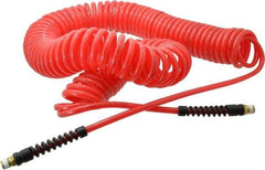 PRO-SOURCE - 1/4" ID, 1/4 Thread, 50' Long, Red Polyurethane Coiled & Self Storing Hose - 147 Max psi, Male Swivel x Male Swivel - Exact Tool & Supply