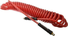 PRO-SOURCE - 5/16" ID, 1/4 Thread, 25' Long, Red Polyurethane Coiled & Self Storing Hose - 120 Max psi, Male Swivel x Male Swivel - Exact Tool & Supply