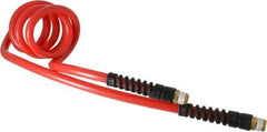 PRO-SOURCE - 3/8" ID, 3/8 Thread, 5' Long, Red Polyurethane Coiled & Self Storing Hose - 133 Max psi, Male Swivel x Male Swivel - Exact Tool & Supply