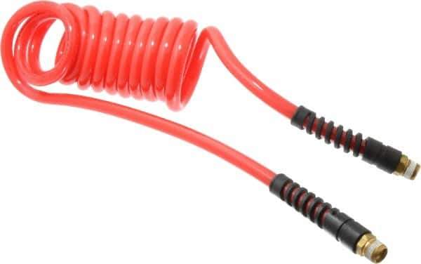 PRO-SOURCE - 3/8" ID, 3/8 Thread, 10' Long, Red Polyurethane Coiled & Self Storing Hose - 133 Max psi, Male Swivel x Male Swivel - Exact Tool & Supply