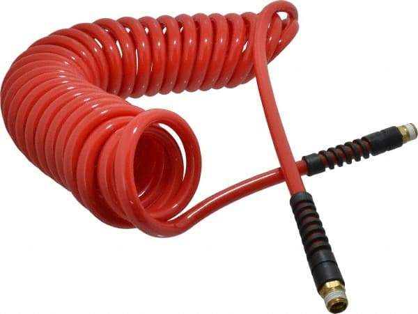 PRO-SOURCE - 3/8" ID, 3/8 Thread, 25' Long, Red Polyurethane Coiled & Self Storing Hose - 133 Max psi, Male Swivel x Male Swivel - Exact Tool & Supply
