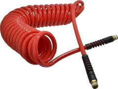 PRO-SOURCE - 3/8" ID, 3/8 Thread, 25' Long, Red Polyurethane Coiled & Self Storing Hose - 133 Max psi, Male Swivel x Male Swivel - Exact Tool & Supply