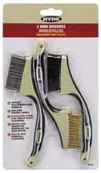 Hyde Tools - 3 Piece Brass, Nylon & Stainless Hand Brush Set - 6-1/2" Brush Length, 0.1mm Trim Length - Exact Tool & Supply