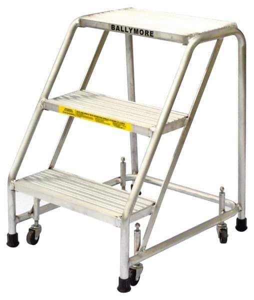 Ballymore - 28-1/2" 3 Step Ladder - Rolling Safety Ladder, 300 Lb Capacity, 28-1/2" Platform Height, 20" Base Width x 25" Base Depth, Solid Ribbed Tread - Exact Tool & Supply