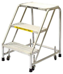 Ballymore - 28-1/2" 3 Step Ladder - Rolling Safety Ladder, 300 Lb Capacity, 28-1/2" Platform Height, 20" Base Width x 25" Base Depth, Solid Ribbed Tread - Exact Tool & Supply