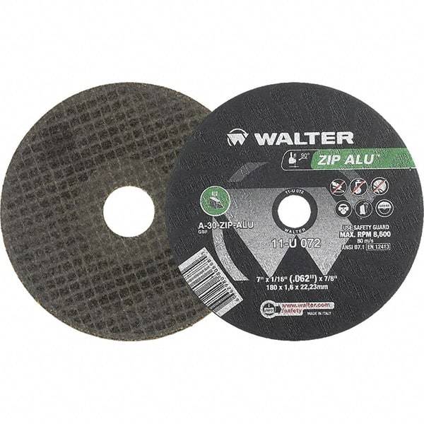 WALTER Surface Technologies - 7" 30 Grit Aluminum Oxide Cutoff Wheel - 1/16" Thick, 7/8" Arbor, 8,600 Max RPM, Use with Angle Grinders - Exact Tool & Supply