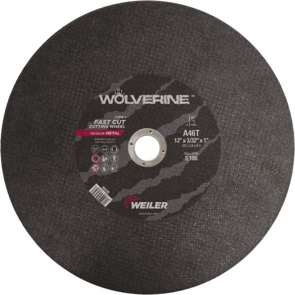 Weiler - 12" 46 Grit Aluminum Oxide Cutoff Wheel - 3/32" Thick, 1" Arbor, 5,100 Max RPM, Use with Chop Saws - Exact Tool & Supply