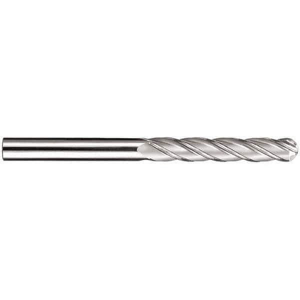 SGS - 3/8" Diam, 1-3/4" LOC, 4 Flute Solid Carbide Ball End Mill - AlTiN Finish, Single End, 4" OAL, 3/8" Shank Diam, Spiral Flute - Exact Tool & Supply