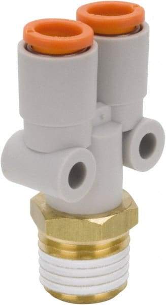 SMC PNEUMATICS - 1/8" Outside Diam, 1/4 NPT, Brass/Polybutylene Push-to-Connect Tube Male Y Connector - 145 Max psi - Exact Tool & Supply