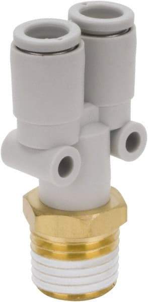 SMC PNEUMATICS - 10mm Outside Diam, 1/4 BSPT, Brass/Polybutylene Push-to-Connect Tube Male Y Connector - 145 Max psi - Exact Tool & Supply