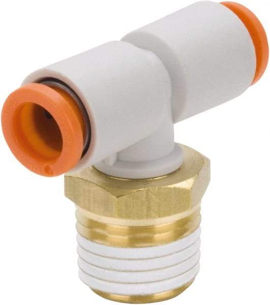 SMC PNEUMATICS - 3/8" Outside Diam, 3/8 NPT, Brass/Polybutylene Push-to-Connect Tube Male Branch Tee - 145 Max psi - Exact Tool & Supply