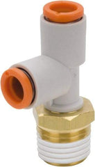 SMC PNEUMATICS - 1/4" Outside Diam, 3/8 NPT, Brass/Polybutylene Push-to-Connect Tube Male Run Tee - 145 Max psi - Exact Tool & Supply