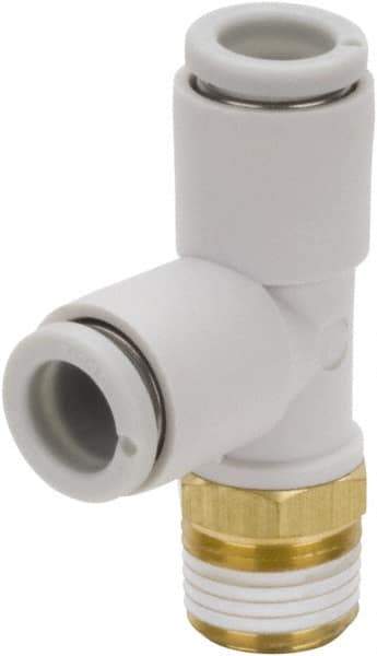 SMC PNEUMATICS - 10mm Outside Diam, 1/4 BSPT, Brass/Polybutylene Push-to-Connect Tube Male Run Tee - 145 Max psi - Exact Tool & Supply