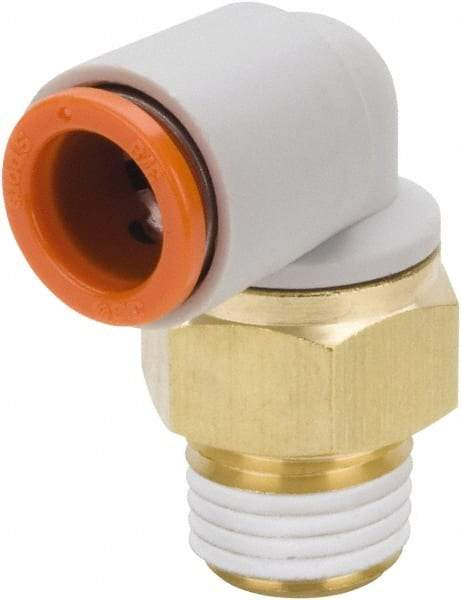 SMC PNEUMATICS - 3/8" Outside Diam, 1/2 NPT, Brass/Polybutylene Push-to-Connect Tube Male Elbow - 145 Max psi - Exact Tool & Supply