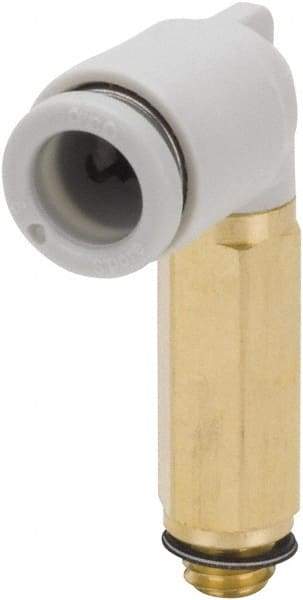 SMC PNEUMATICS - 6mm Outside Diam, M5 x 0.8 Metric, Brass/Polybutylene Push-to-Connect Tube Extended Male Elbow - 145 Max psi - Exact Tool & Supply