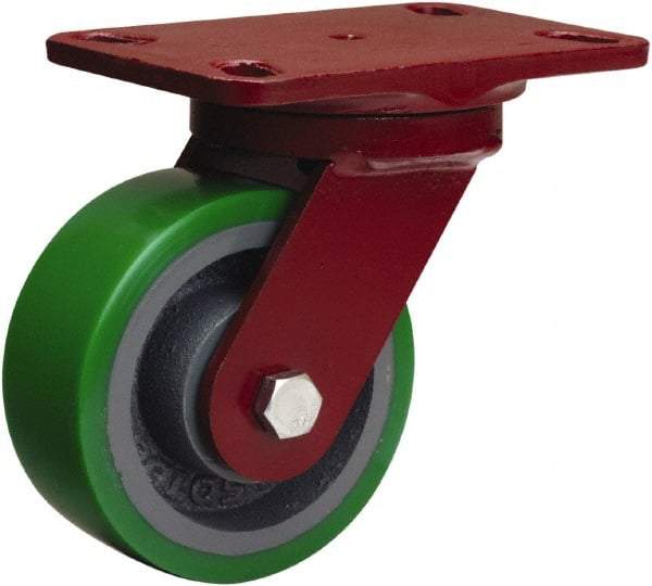 Hamilton - 5" Diam x 2" Wide x 6-3/4" OAH Top Plate Mount Swivel Caster - Polyurethane Mold onto Cast Iron Center, 1,050 Lb Capacity, Tapered Roller Bearing, 4-1/2 x 6-1/2" Plate - Exact Tool & Supply