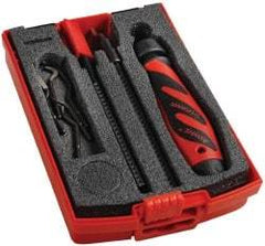 Shaviv - 11 Piece High Speed Steel Blade Hand Deburring Tool Set - C, E Blade Holder, E100P, E111, E200, E300, E600, E700;C42 Blades, For Straight Edge, Hole Edge, Hole Inner Surface, Flat Surface, Slot/Keyway - Exact Tool & Supply