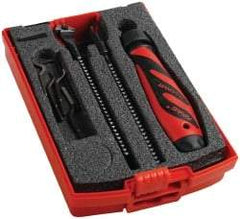 Shaviv - 10 Piece High Speed Steel Blade Hand Deburring Tool Set - D, E Blade Holder, D80C, D82C;E100, E111, E200, E300, E700 Blades, For Straight Edge, Hole Edge, Hole Inner Surface, Flat Surface, Slot/Keyway - Exact Tool & Supply