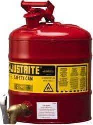 Justrite - 5 Gal Galvanized Steel Self-Closing, Self-Venting, Full-Length Flame Arrester with Bottom Faucet - 16-7/8" High x 11-3/4" Diam, Red with Yellow - Exact Tool & Supply